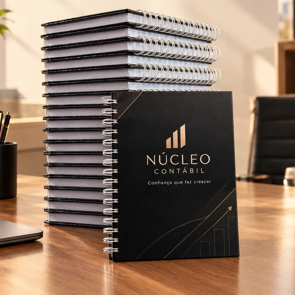 Pilha de agendas personalizadas com a marca de um escritório de contabilidade, sobre a mesa