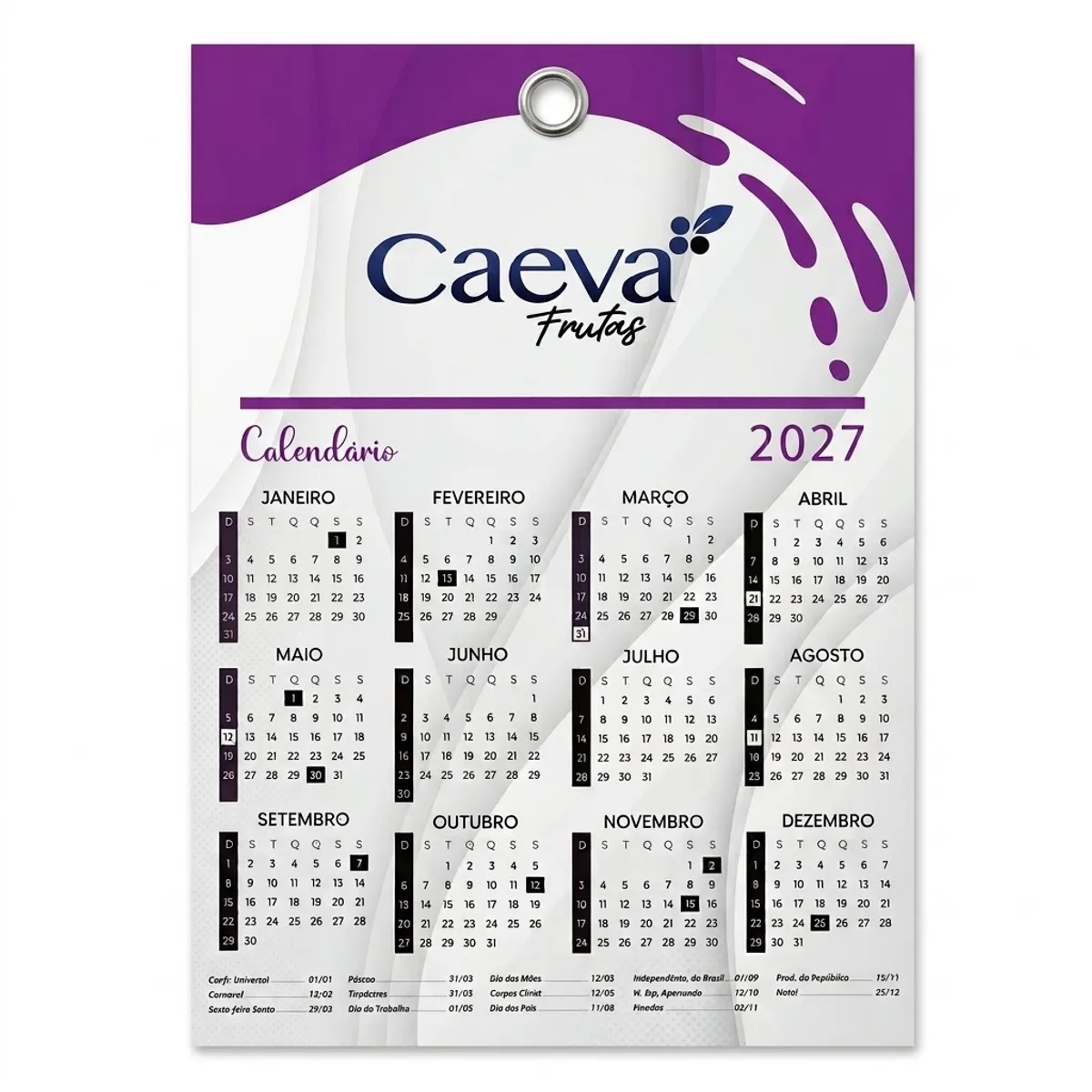Folhinha de Parede 20x27cm 2026 personalizada com logo