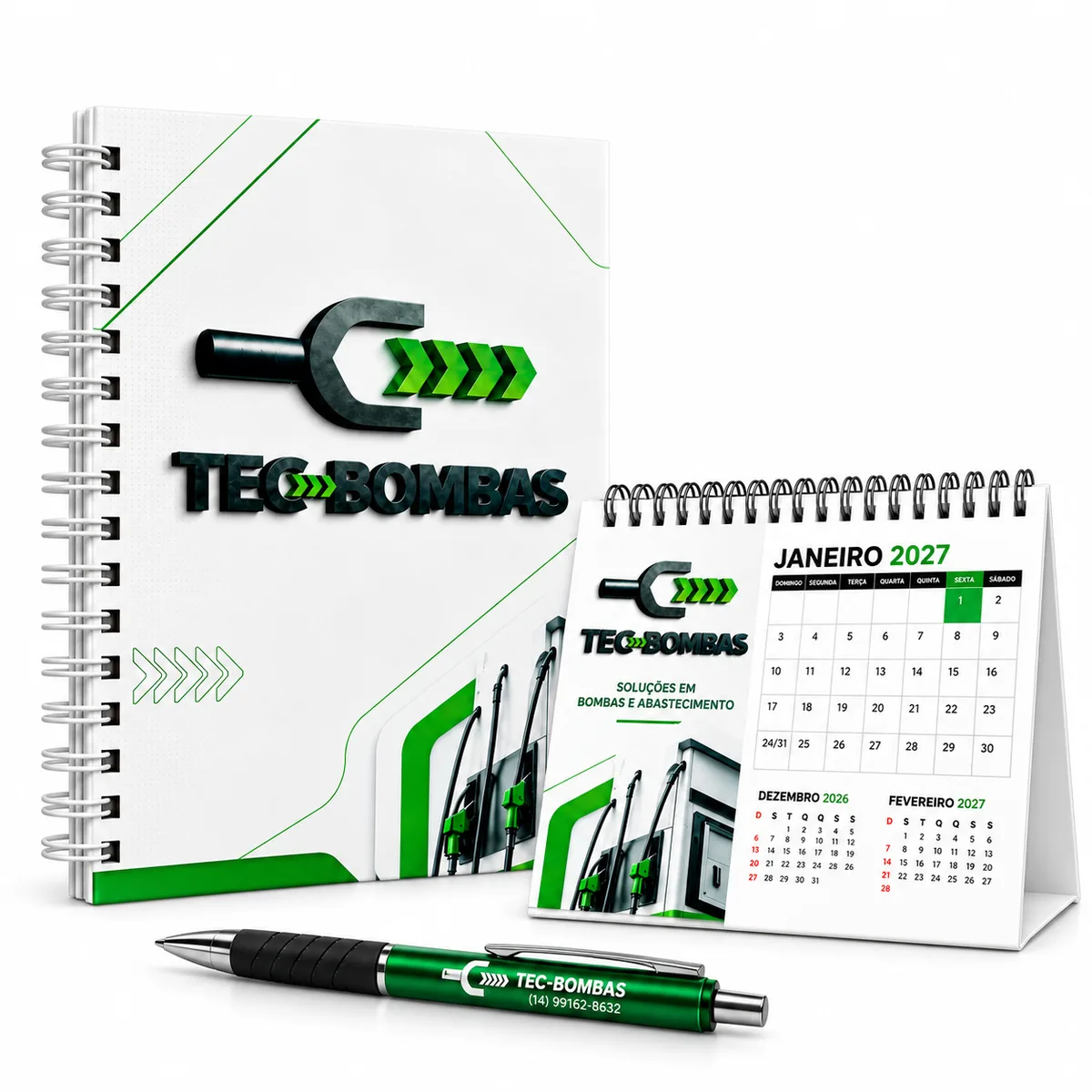 Kit Agenda 2027 + Calendário + Caneta Cromada personalizado com logo